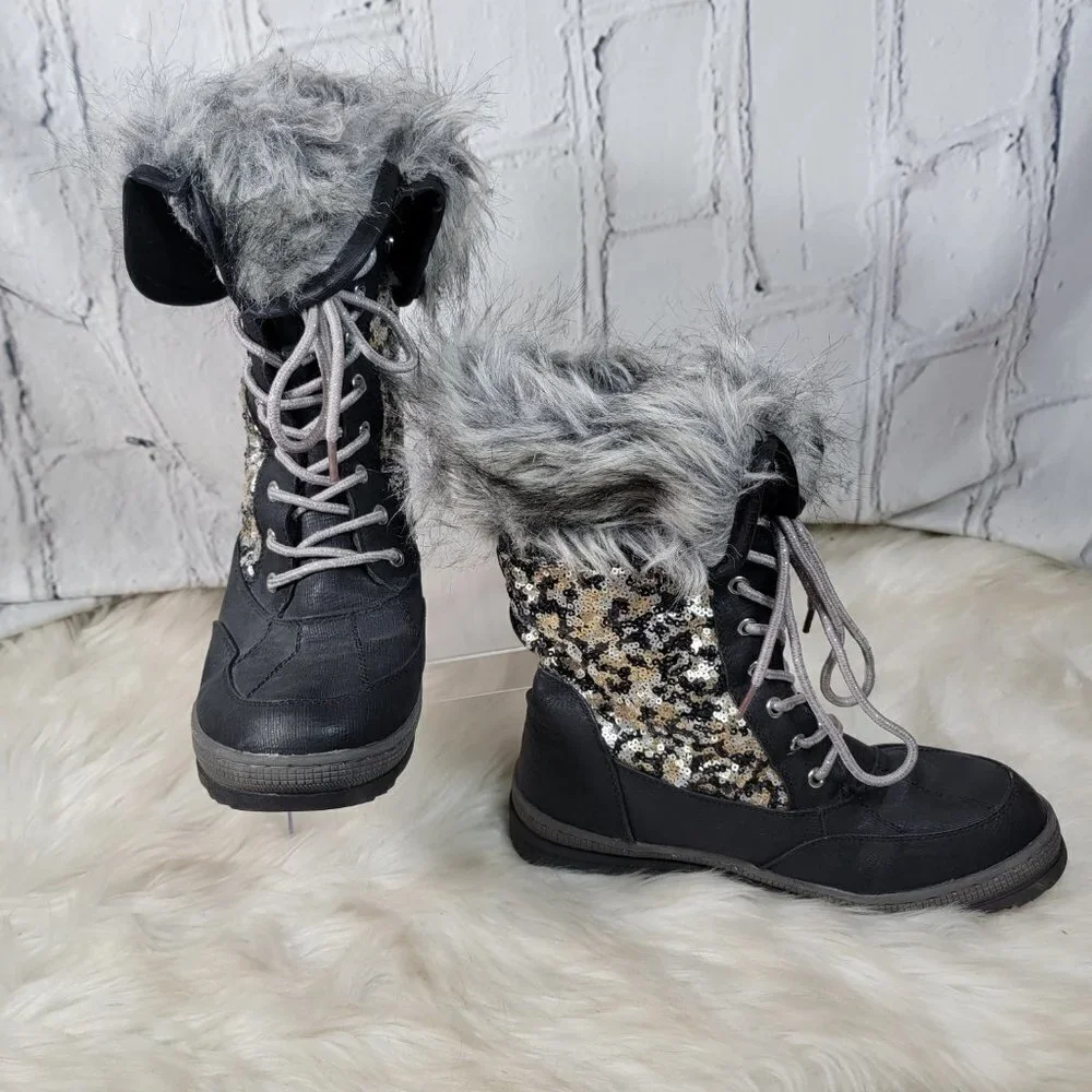Justice Womens Sz 9 Sequin Snow Boots Faux Fur Vegan Winter Black Casual‎